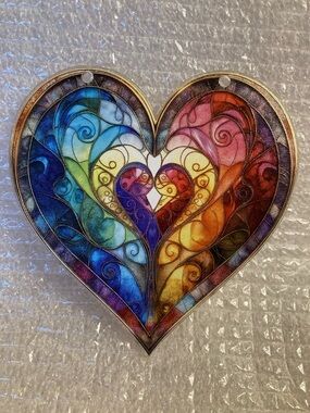 NWOT - 2D Flat Painted Stained Glass Effect Acrylic Hanging Heart & Gold String